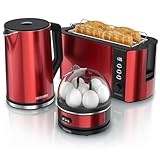 Arendo - Wasserkocher Toaster Eierkocher Set - Edelstahl Wasserkocher mit Temperatureinstellung - Toaster 4 Scheiben Langschlitz - Eierkocher 1-7 Eier - Küchenset in R