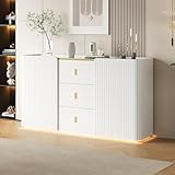 Aurofurz Kommode LED Sideboard Breite 150 cm,Multifunktionales Kommode Weiss Hochglanz mit LED,2 Türen & 2 Schubkästen Multifunktionales Komodenschrank für Badezimmer W