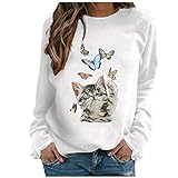 Masrin Mask Frauen Pullover lässig niedlich Tier Katze Schmetterling Druck Sweatshirt O-Ausschnitt Langarm Patchwork Tops T-Shirt Bluse(XXXL,Weiss)