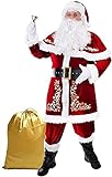 POSTEGE Weihnachtsmann-Kostüm für Herren, 12-teiliges Set, Rot, Deluxe-Samt, Weihnachtsparty, Cosplay für Erwachsene, Weihnachtsmann-Anzug 8pc,6XL.