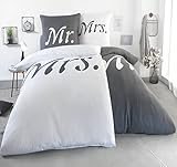 Kuscheli® 4-teilig Partner Bettwäsche 135x200 mit 80x80 Kissenbezug | ÖkoTex Zertifiziert | seidig weich, Mikrofaser Bettwäsche für Paare, Farbe:MR-MRS grau-Weiss, Größe:135x200 + 80x80