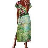 Finetyu Casual Split Maxi Kleider für Frauen Summer Spring O Neck Printing Kurzarm Long Kleid Casual Boho Beach Sommerkleid
