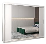Kryspol Schwebetürenschrank Tokyo 2-250 cm mit Spiegel Kleiderschrank mit Kleiderstange und Einlegeboden Schlafzimmer- Wohnzimmerschrank Schiebetüren Modern Design (Weiß)