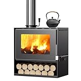 Holzofen Kaminofen mit Holzlagerschrank Heizofen Werkstattofen Dauerbrandofen mit Gusseisernem Wasserkocher Kamin Holzofen Multi Fuiel Holzofen (49x30x50cm)