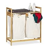 Relaxdays Wäschekorb Bambus, Wäschesortierer mit Ablage, 2 Fächer, ausziehbar, tragbarer Wäschebehälter, 60 Liter, Natur, 1 Stück, Weiß