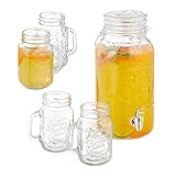 Relaxdays Getränkespender Set, mit 4 Trinkgläsern, Limonadenspender mit Zapfhahn, 3,4 Liter Wasserspender, transparent, 10037663