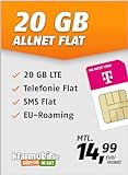 klarmobil Allnet Flat 20GB - Handyvertrag im Telekom Netz mit Internet Flat, Flat Telefonie und SMS und EU-Roaming – In alle deutschen Netze – 24 Monate Vertragslaufzeit