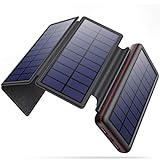 iPosible Solar Powerbank 26800mAh mit 4 Faltbar Sonnenkollektoren und 2 USB-Ausgang Externer Akku Tragbare Solarladegeräte, Power Bank für Telefon Tablets Außen Wandern Camping-Schwarz Rot