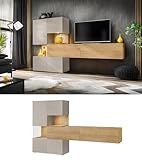All4All Wohnwand Brita - Wohnzimmermöbel - Schrankwand für Wohnzimmer - Wohnzimmerchrank - Anbauwand Wohnwand - mit Vitrine - Hängend - 251cm - Modern - 10 - Hickory Natur +