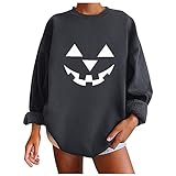 NHNKB Sweatshirt Pullover Damen Halloween Pulli Hoodie Ohne Kapuze Sweat Shirts Tops mit Warmer Gefüttert Geschenke Halloween (e Grau, XL)