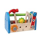 Hape Werkzeugkasten aus Holz mit Zubehör | farbenfrohe Werkbank Hammerspielset für Kinder, Problemlösung, Rollenspiel, 17-teilig