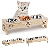 Katzennapf 3er Set höhenverstellbar - Erhöht Futterstation - Futternapf mit 3 Edelstahl Näpfe - Futterbar mit Holz Ständer für Katzen, kleine Hunde