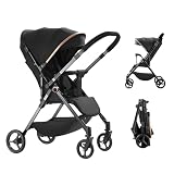 Kinderwagen, leicht und kompakt, 3 Neigungspositionen, 0 bis 4 Jahre (max. 25 kg), Liegeposition, einhändig, 4 Räder mit Stoßdämpfern, mit einem großen Korb (Schwarz C)