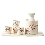 JJDSN Sake-Set, 7-teiliges Sake-Set Japanisches Sake-Becher-Set Traditionelles handbemaltes Design Porzellan Keramik Keramikbecher Handwerk Weingläser,weiß+Blaue Pflaume (Farbe: Weiß+Rote Pflaume)