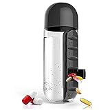 ZDDO 2 in 1 Wasserflasche mit Pillendose ，Tragbare Pille Organisatoren für 7 Tage, Pill Box Außensportmedizin Halter Pill Box für Reisen Tablettendosierer und 600 ml Trinkflasche schwarz