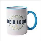 Werbetasse mit Logo | Kaffeetassen mit Logo bedrucken, Tasse mit Logo in kleiner Auflage günstig bestellen, Spülmaschinen- und Mikrowellenfest, 300ml Füllmenge (Hellblau, Standard)