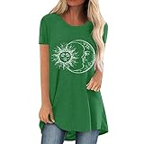 Kewya Damen Langes T-Shirt Sonne und Mond Druck Kurzarm Lose Casual Weich T-Shirt, grün, M