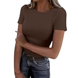 Personalisiertes T-Shirt für Damen, kurzärmelig, Rundhalsausschnitt, Rippstrick, schmale Passform, Basic-T-Shirt 2025, Sommer, lässiges T-Shirt, trendige Kleidung, Damenhemden, braun, M