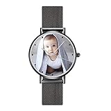 SOUFEEL Personalisierte Uhr mit Foto Gravur Armbanduhr Edelstahl Klassisch Analog Zifferblat täglich Wasserdicht Schwarz Geschenk für Frau