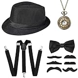 20er Jahre Herren Accessoires - 1920s Gatsby Mafia Gangster Kostüm Set Inklusive Panama Hut Elastisch Hosenträger Halsschleife Schnurrbart und Taschenuhr