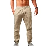 Puimentiua Leinenhose Herren,Leichte Sommerhose,Lang Slim Fit Leinenhose mit Tunnelzug und Taschen (Khaki,M)