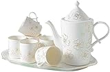 YUYANDE Drucken von Porzellan-Tee-Sets, 8-teilige europäische keramische Tee-Sets, mit Teekanne Zucker-Schüssel Creme Pitcher Teelöffel und Teesieb für Tee/Kaffee, handgemalte Gold-Teekanne mit