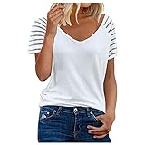 T Shirt Damen Muttertag Coole Tshirts Rüschen mit Streifen Tailliertes Kurzar T Shirt Damen Modische Buissnes Baumwolle Langes Weiß