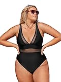 CUPSHE Damen Große Größen Badeanzug Tiefer V Ausschnitt Sheer Mesh Einteilige Plus Size Bademode Swimsuit Schwarz XL