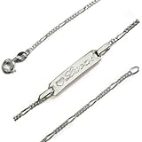 Babyarmband - Taufarmband ID mit SOFORTGRAVUR + VORSCHAU- Gravur 15 cm Sterling Silber 925 gestempelt : Figaro Glieder, Gravurplatte mit ausgeschnittenem Herz