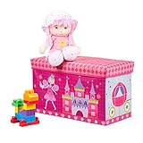 Relaxdays Sitzbox Kinder, Faltbare Aufbewahrungsbox mit Stauraum, Deckel, Prinzessin & Fee, 50 Liter, platzsparend, pink, Prinzessin