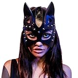 Junxcj Karneval Maskerade Maske Masquerade Mask Katzenmaske Damen Sexy Cosplay PU Leder Niet Maske Katzenohr Halbgesichtsmaske Halloween Rave Karneval Maskerade Maske für Cosplay Kostüm