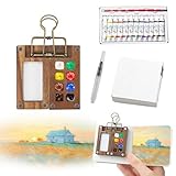 Tragbare Aquarell-Palette, 8 Fächer, Reise-Aquarellfarben-Set, tragbares Reise-Malset, Deckel, faltbare Holzpalette, Skizzenbuch, Pinsel, Aquarell für Malliebhaber, 4 Stück