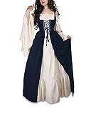 Guiran Damen Mittelalterliche Kleid mit Trompetenärmel Mittelalter Party Kostüm Maxikleid Blau M