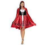 eiuEQIU Damen Rotkäppchen Kostüm Anzug Halloween Fasching Ärmellos Minikleid mit Rot Midilang Umhänge Kapuze Frauen Halloween Karneval Verkleidung Sexy Cosplay Kleid für Erwachsene