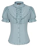Damen Viktorianische Shirt Kurzarm Stehkragen mit Rüschen Schnürrücken Trachtenbluse M Hellblau#A23