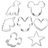 7 Stück Ausstechformen mit Form von Mickey Mouse Kopf, Micky Maus Gesicht, Minnie Maus, Dinosaurier, Herz und Stern für Plätzchen, Sandwiches und Kuchen