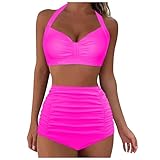 Chnnamzu Bikini Damen Set Sexy Neckholder Push Up, Bikini-Sets für Damen Bauchweg High Waist, Badeanzug Damen Bademode Retro Zweiteiler Bikinis Blumenmuster Badeanzüge für Damen Sw
