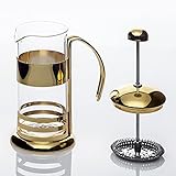 Epinox French Press 0,35 Liter Gold Kaffeebereiter mit Edelstahl spülmaschinenfest Glas Kaffee Kanne & Presse, Elegantes Design mit Metallrahmen