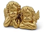 FeinKnick Stilvolles Engelspaar liegend als Deko Engel Figur - goldene Schutzengel Figur und Glücksbringer 16cm aus Marmorit - Engelpaar in Gold als Deko Engel und Engelchen Dekoration
