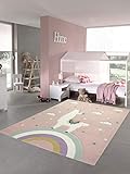 Pastel Kids Kinderteppich Lama Spielteppich Lama Einhorn Teppich Regenbogen Wolken in Rosa Größe 160x230 cm