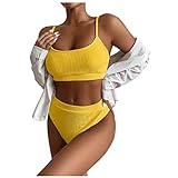 Damen Bikini Solid Set Badeanzug Zweiteiliger Gefüllter BH Bademode Strandkleidung Knopfleiste Badeanzug Coverup für Frauen, gelb, S
