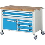 eurokraft | pro | Fahrbare Werkbank Serie 8000 | Gestellbauweise | 5 Schubladen | 1 Tür | Platten-BxT 1250 x 700
