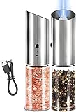 Pfeffermühle Salzmühle Electric Gravity Pepper Grinder Or Salt Mill With Adjustable Coarseness Automatic Pepper Mill Grinder Battery Powered With Blue LED Light,One Hand Opetated Brushed Stainless Ste
