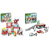 LEGO 10970 DUPLO Feuerwehrwache mit Hubschrauber & 10948 DUPLO Parkhaus mit Autowaschanlage, Spielzeugautos, Parkhaus Spielzeug für Kleinkinder, Mädchen und Jungen ab 2 Jahre