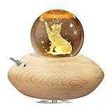 JieBuJuan 3D Kristallkugel Spieluhr, Spieluhr K9 mit Licht Hölzerne 360° Rotierende Projektionsfunktion mit Beleuchtung Warmes-Licht, Geschenk für Geburtstag Valentinstag Weihnachten Kindertag -Katze