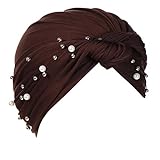 GUOKE Pearl Cap Muslim Beanie Wrap Turban Hut Frauen Perlenstickerei Rüschen Baseballmützen Hüte Für Männer (Coffee, One Size)