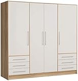 FORTE Jupiter Schrank 200 210, Kleiderschrank, Drehtürenschrank, 4-türig, mit 6 Schubladen und Einlegeböden, Weiß mit Holz Dekor: Sonoma Eiche, 206.5 cm breit x 60 cm tief x 200
