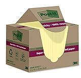 Post-it Super Sticky 100 % Recycling Notes, 12 Blöcke, 70 Blätter pro Block, 76 mm x 76 mm, Gelb - Extra starke Haftnotizen aus 100 % Recyclingpapier