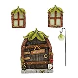 Garten-Statue Ornamente – Miniatur-Feenbaum-Dekorationen, leuchtende Baumtür und Fenster, Retro- und mystische Garten-Heimdekoration mit Zedernnuss-Straßenlampe