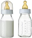 ✪ Natursutten | Glas Baby-Flaschen á 110 ml | Anti-Kolik Doppelventil | Naturkautschuk Sauger | spülmaschinenfest | 2er Pack
